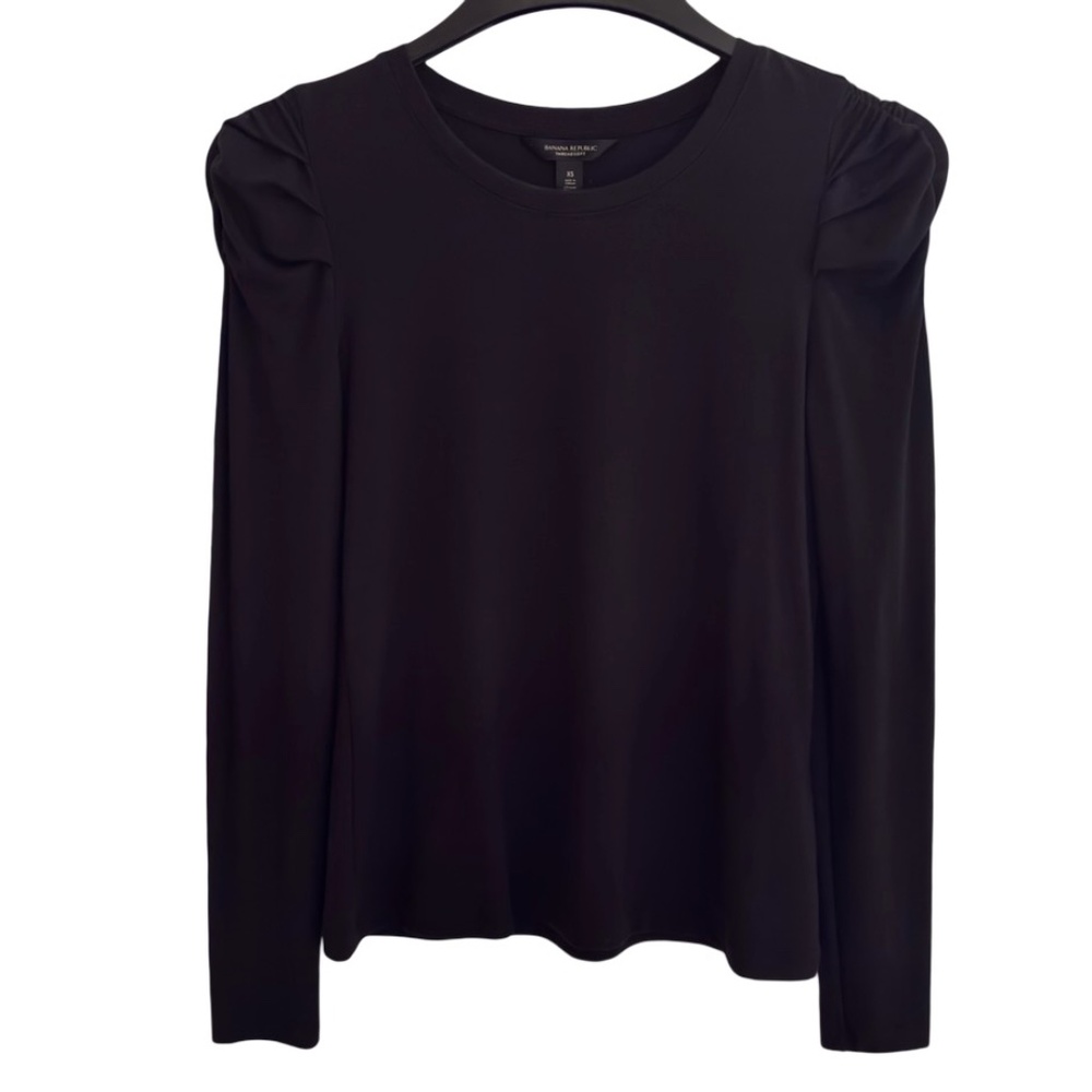 Banana Republic Threadsoft Ruched Shoulder Long Sleeve Black Top